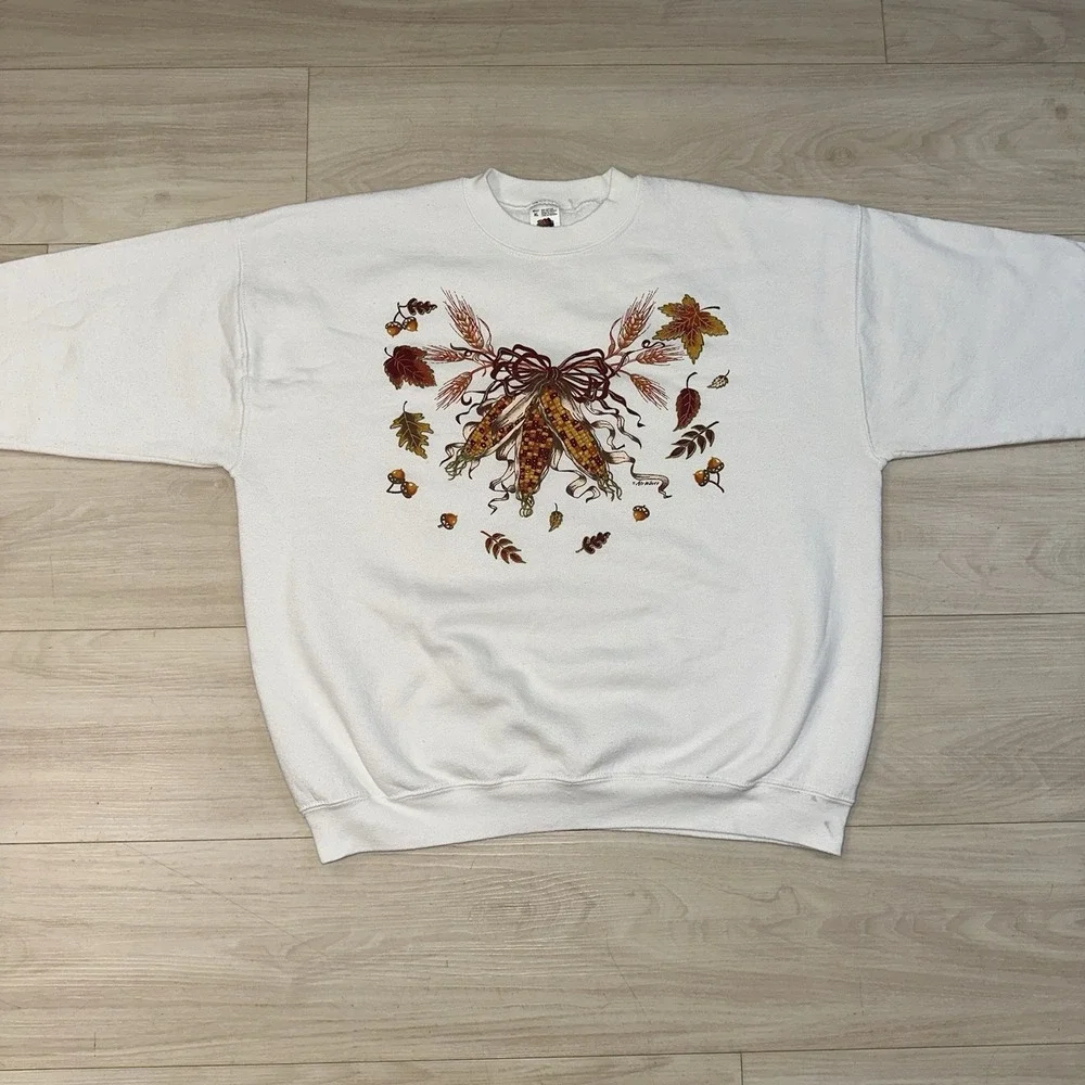 Vintage 90s‎ Fall Autumn Crewneck Sweater Size XL Leaves White Lifestyles Corn